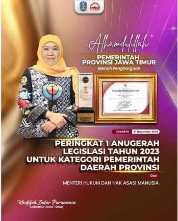 Jawa Timur Raih Peringkat I Anugerah Legislasi 2023