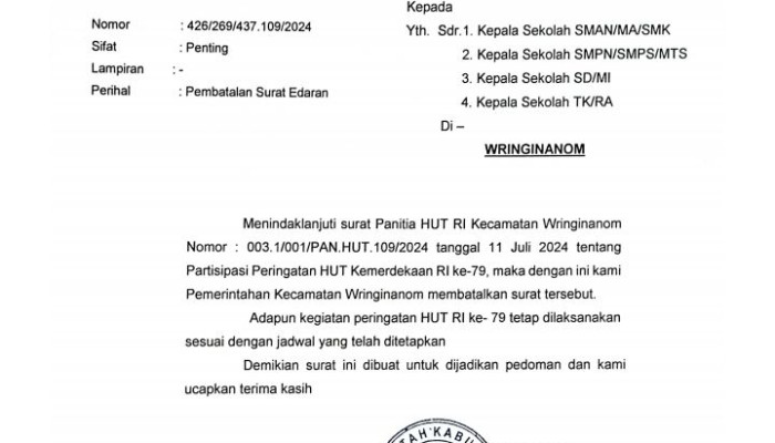 Usai Viral, Surat Permintaan Iuran Agustusan Di Wringinanom Gresik Dibatalkan 