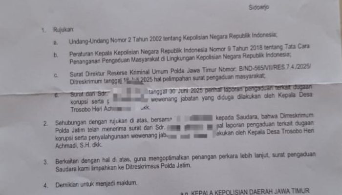 Dilimpahkan Ke Ditreskrimsus Polda Jatim, Ini Harapan Pelapor Warga Desa Trosobo Taman