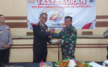 HUT Bhayangkara ke-80, Camat dan Danramil Taman Beri Kejutan Tumpeng ke Polsek Taman, Perkuat Sinergi Forkopimka 3 20260701 133938
