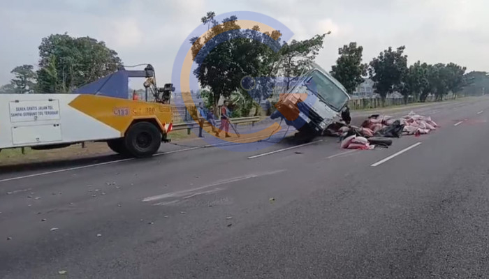Pikap Muatan Kacang Merah Terbalik Di Tol Sidoarjo-Waru, Arus Lalu Lintas Sempat Macet